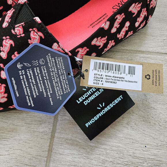 NIB TOMS Women's Pink Dinosaur Alpargata Shoes Glow in the Dark Neon T-Rex Sz 8 - Picture 6 of 10